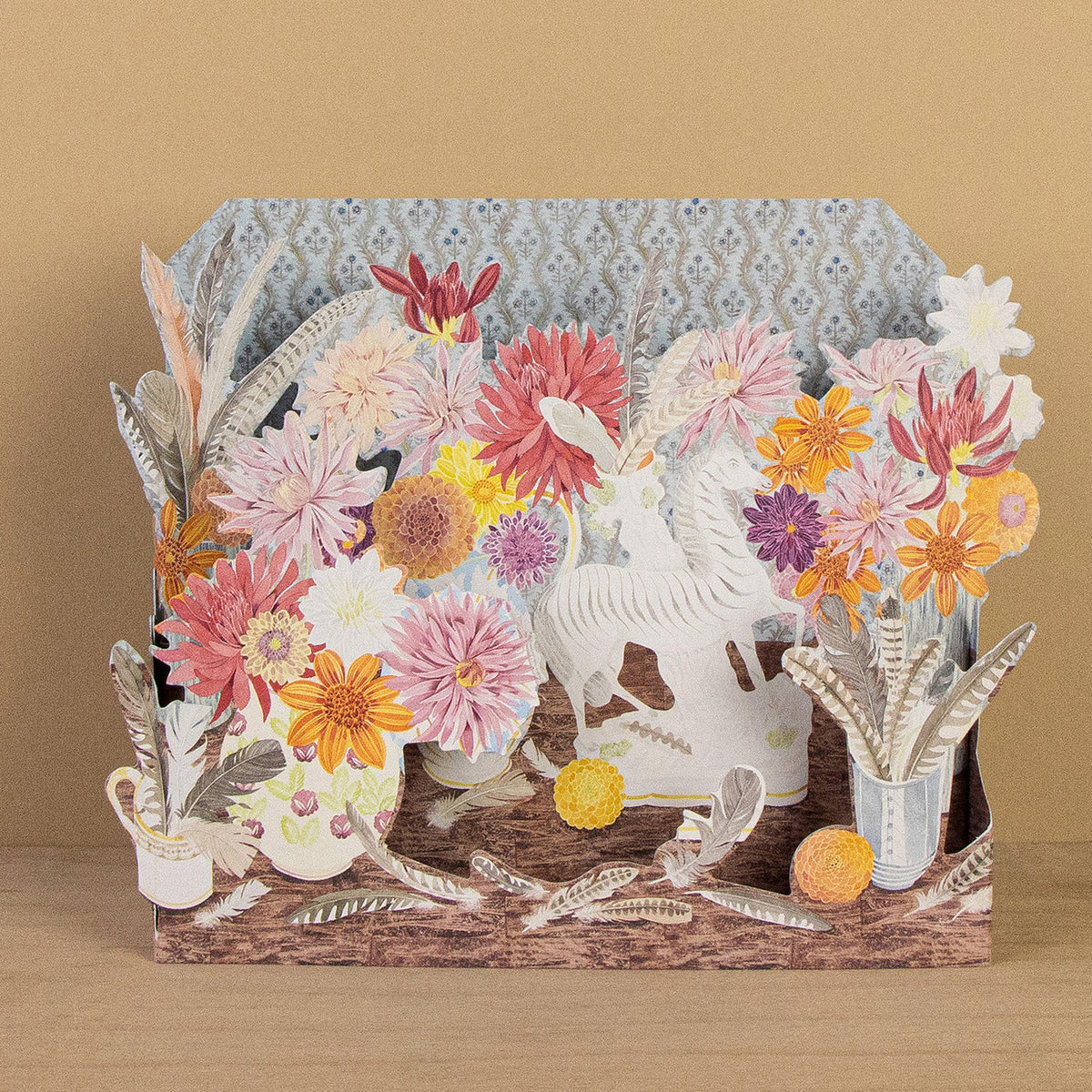 Zebra, Dahlias and Feathers 3D Die-Cut Card - Angie Lewin - printmaker and painter