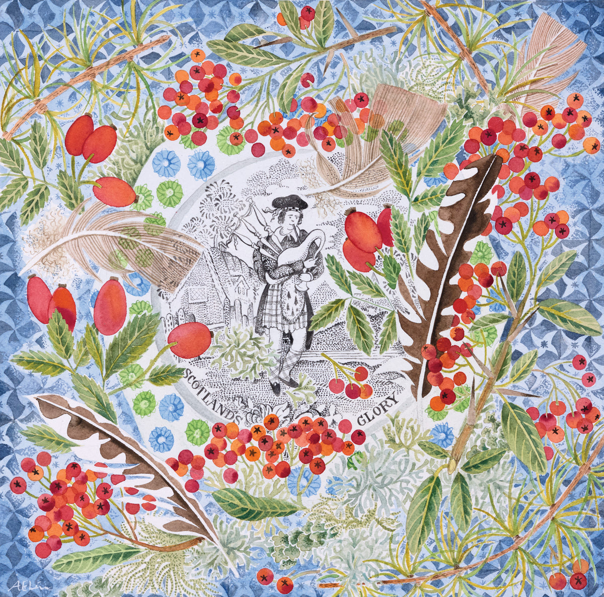 A Festive Piper – watercolour by Angie Lewin