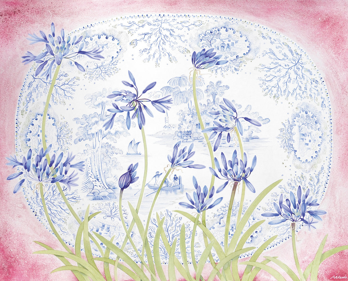 Agapanthus, Blue Platter – watercolour by Angie Lewin