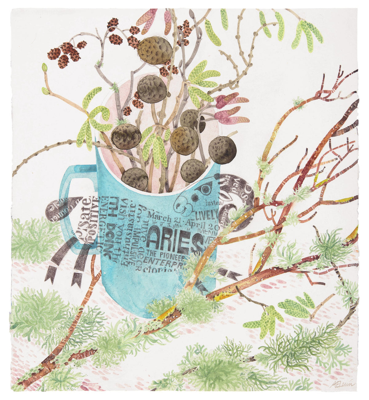 Aries, Lichen and Catkins – watercolour by Angie Lewin