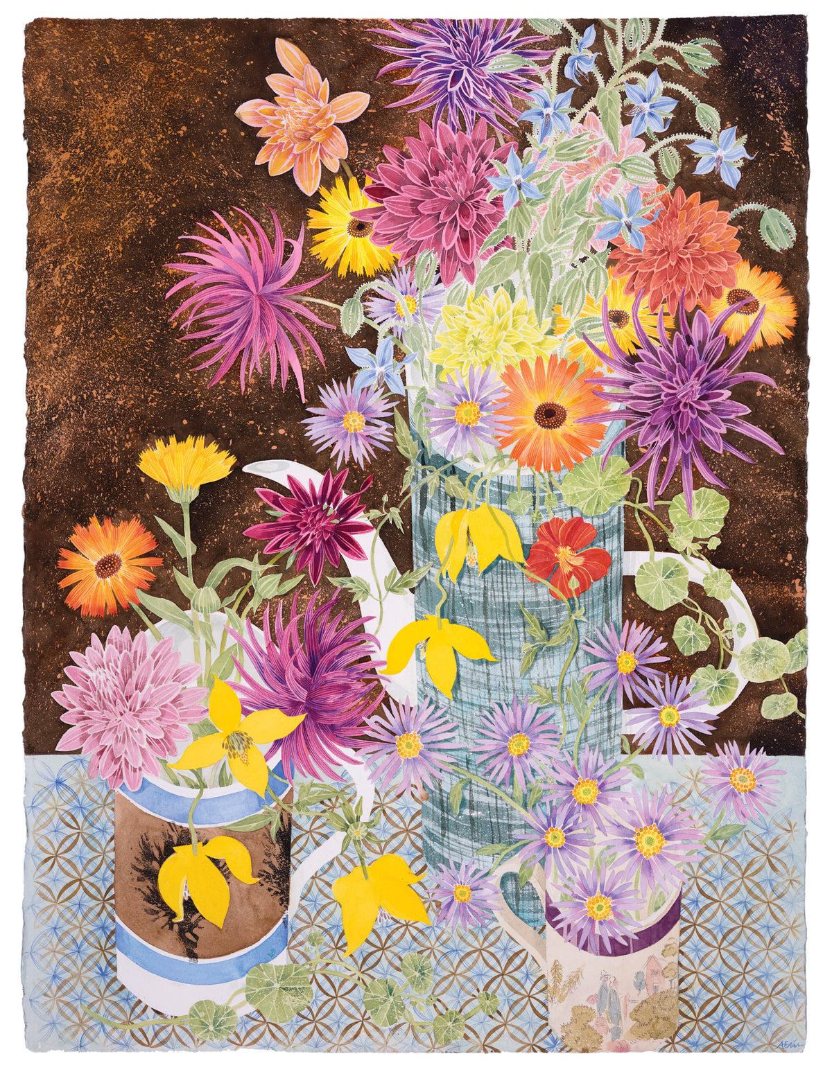 Autumn Flowers with Rye Coffee Pot – watercolour by Angie Lewin