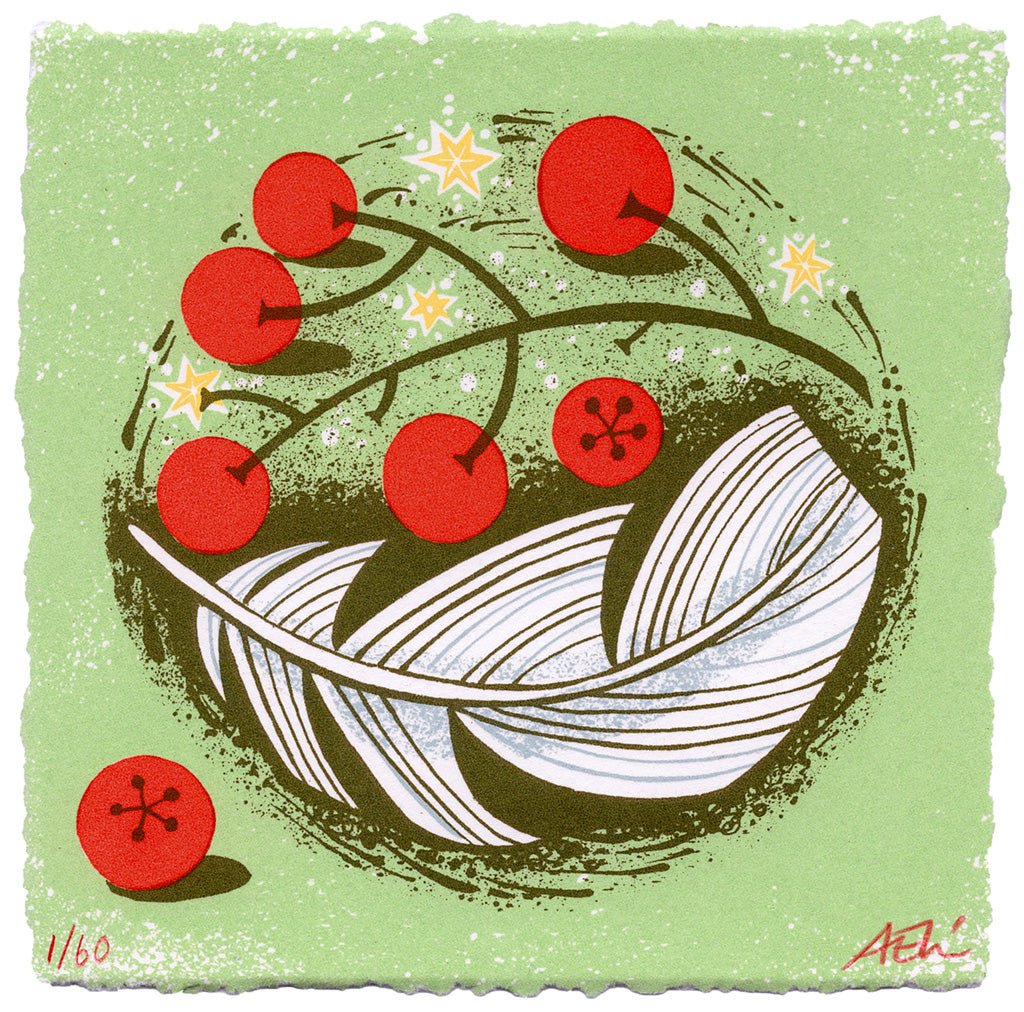 Berries and Feather, screenprint by Angie Lewin