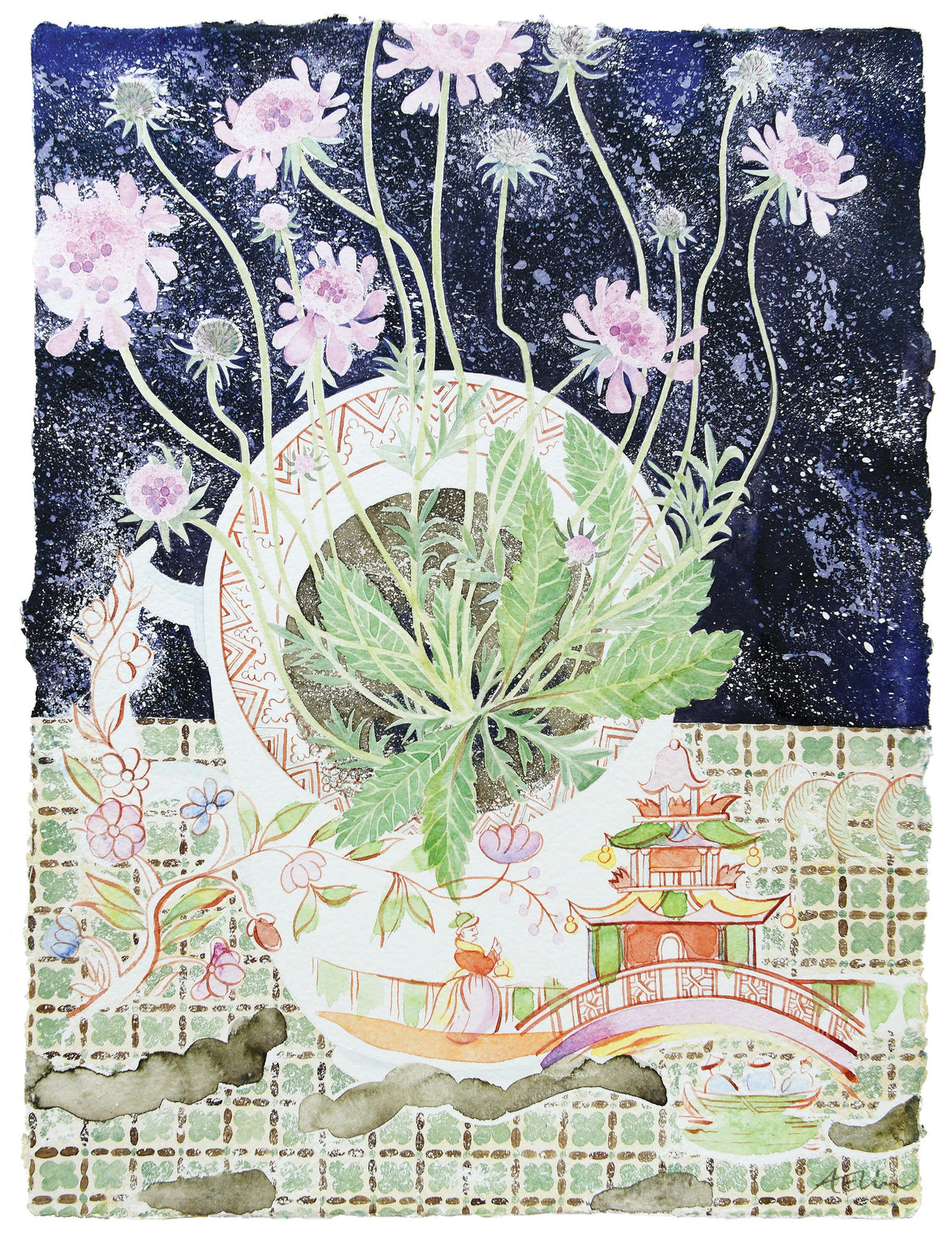 China Cup with Pink Scabious – watercolour by Angie Lewin