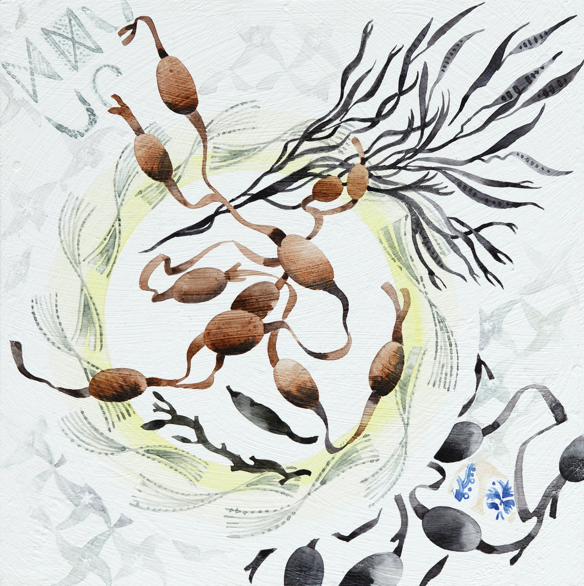 Garden Plate with Seaweed – watercolour by Angie Lewin
