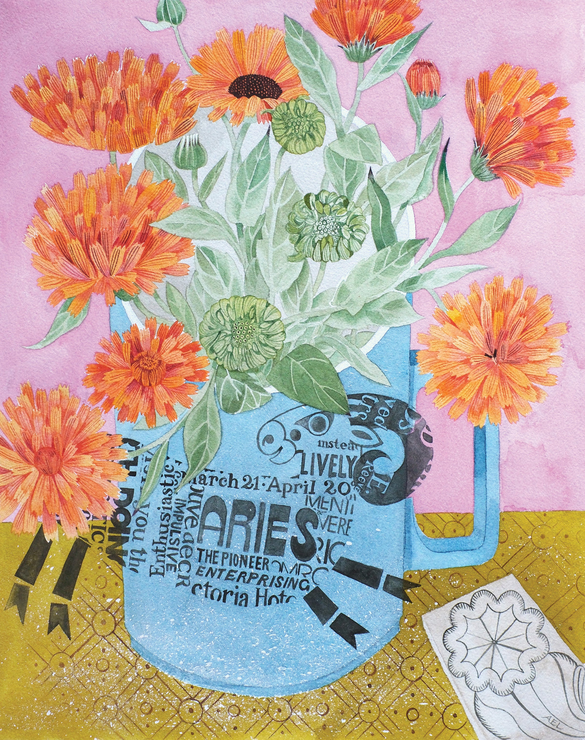 Marigolds and Aries Mug – watercolour by Angie Lewin