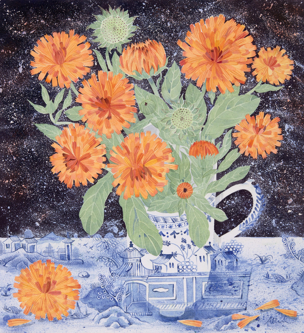 Marigolds and China Cup – watercolour by Angie Lewin