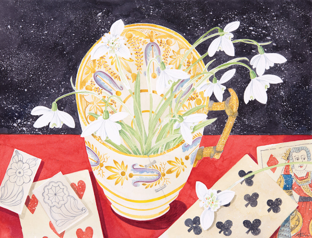 Snowdrops in Ed’s Regency Cup – watercolour by Angie Lewin