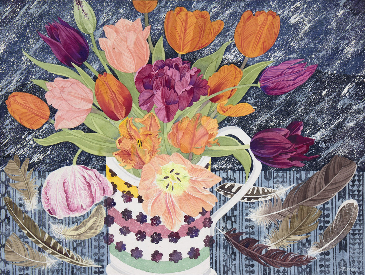 Spitalfields Mug with Tulips – watercolour by Angie Lewin