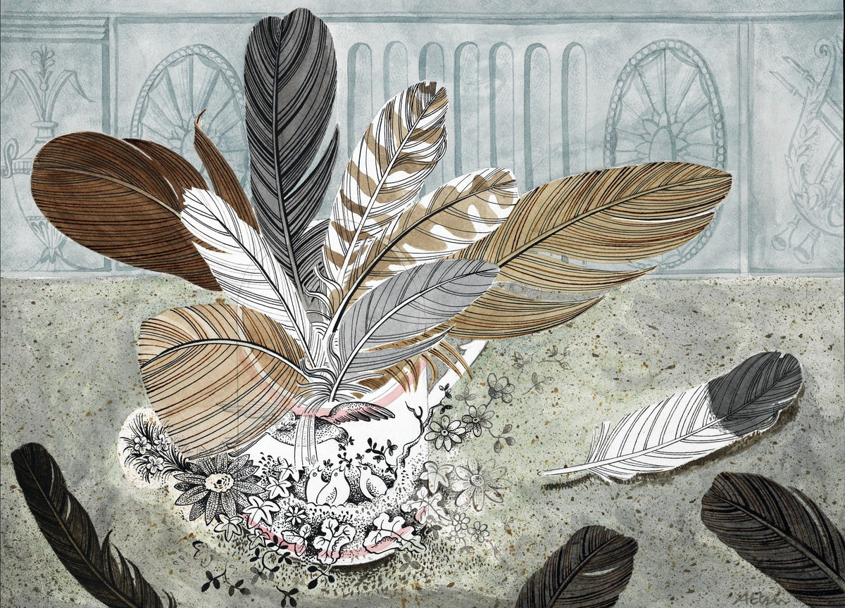 Studio Bird Cup with Feathers – watercolour by Angie Lewin
