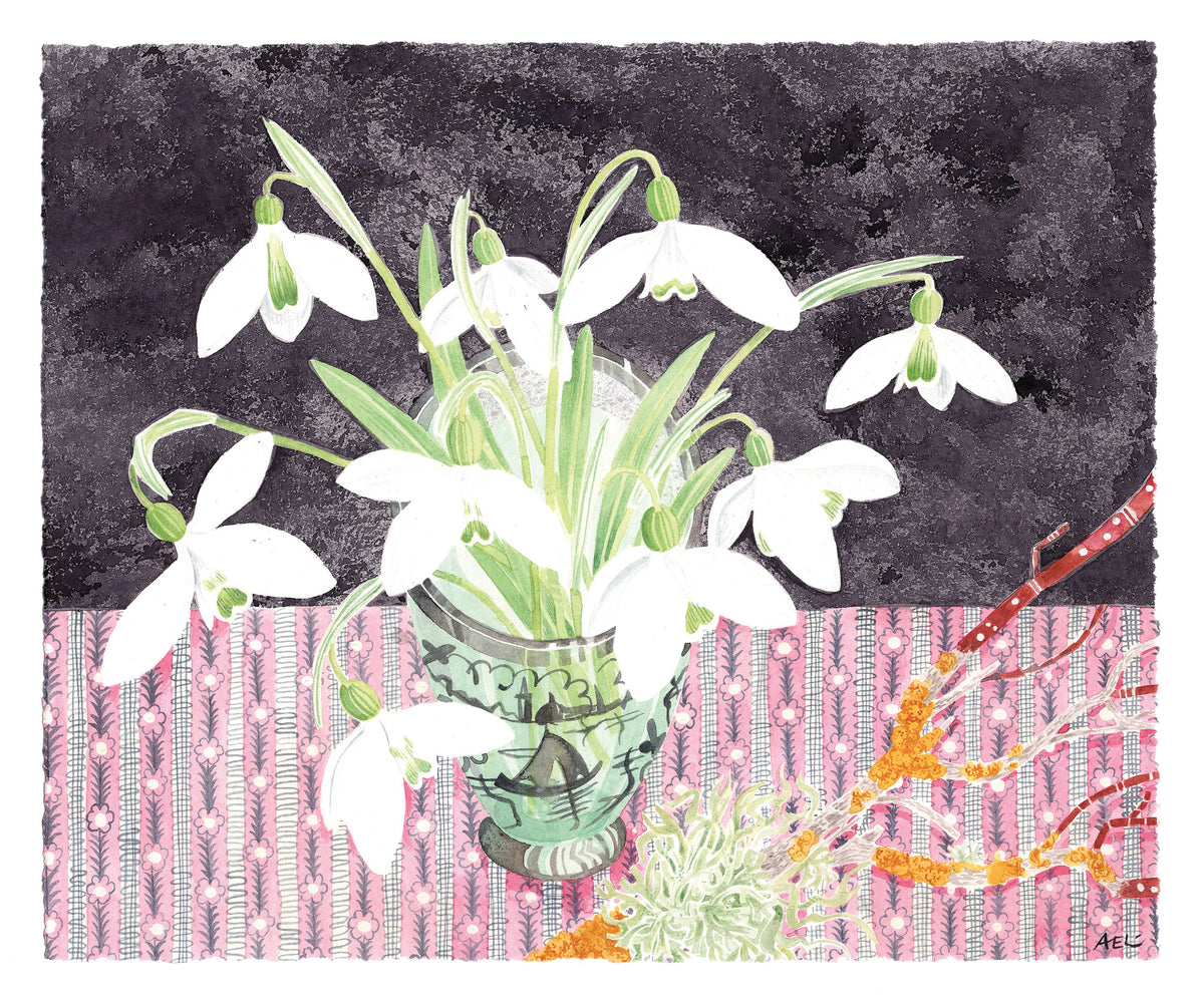 Venetian Glass with Snowdrops – watercolour by Angie Lewin