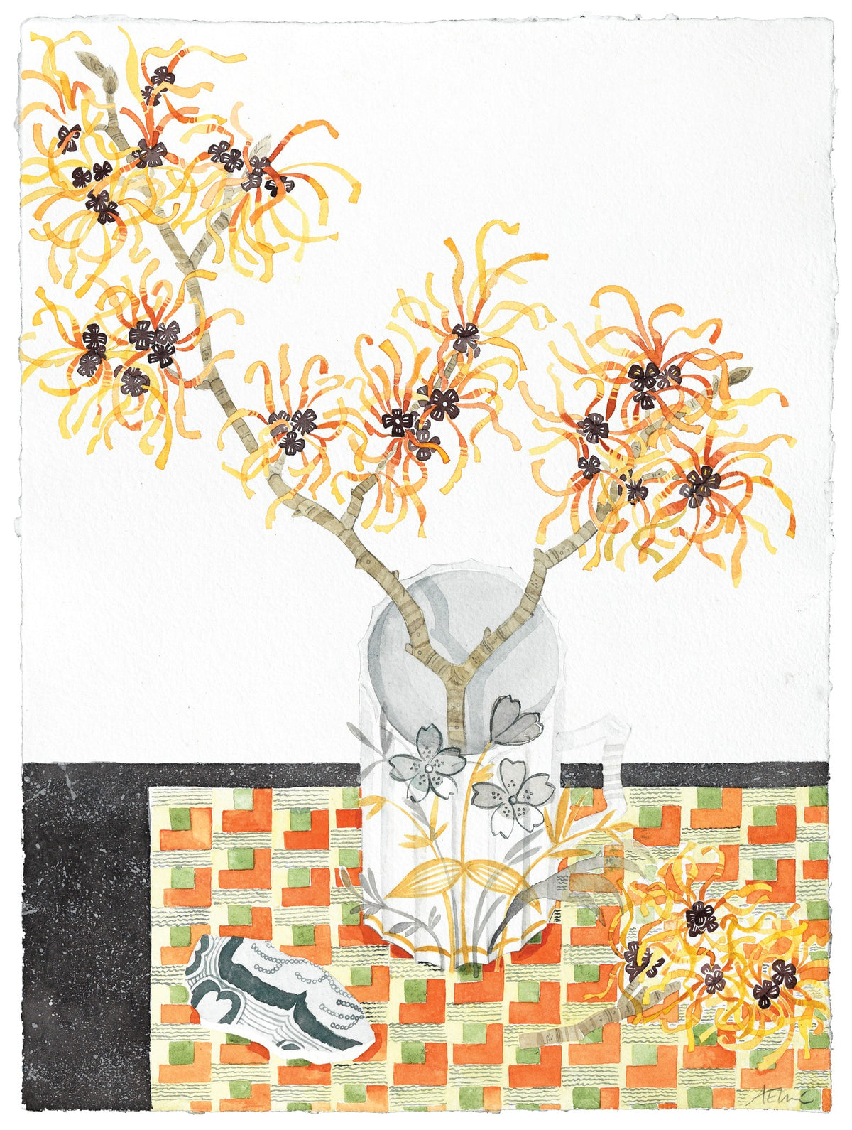 Witch Hazel with Lowestoft Cup – watercolour by Angie Lewin