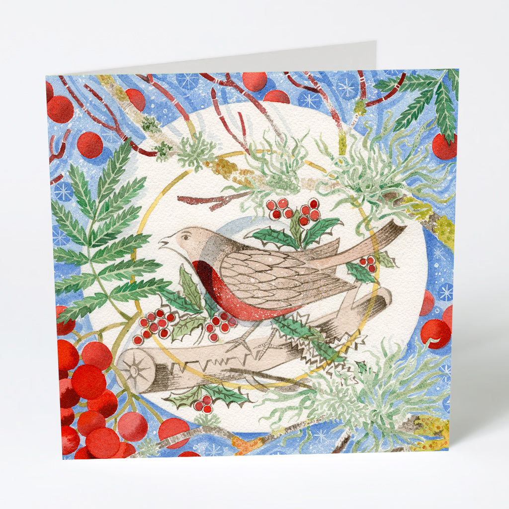 Winter Bird and Berries Christmas Card - Angie Lewin - printmaker and painter