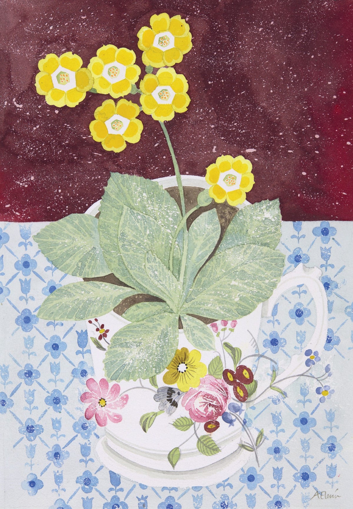 Yellow Auricula in Floral Cup – watercolour by Angie Lewin