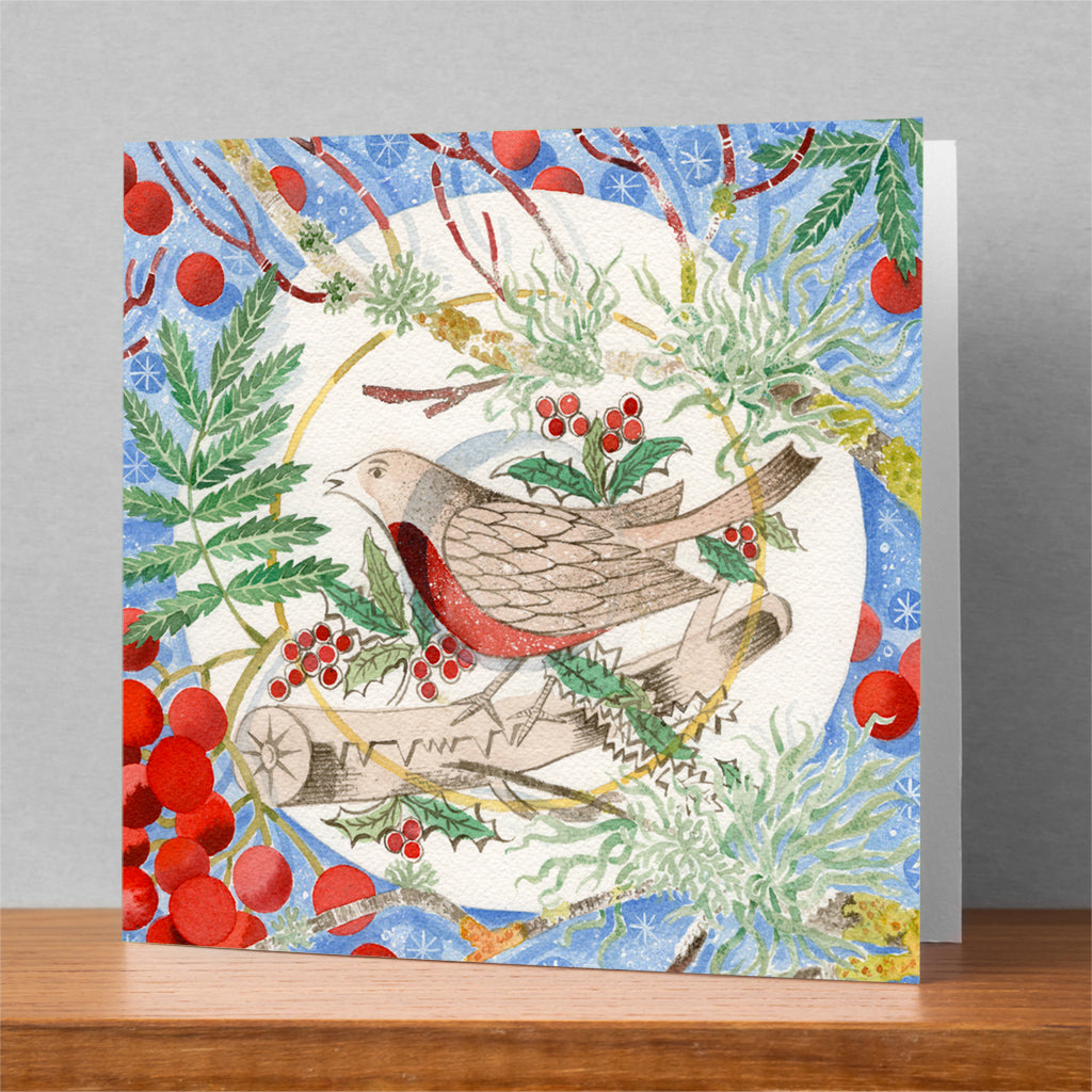 Winter Bird and Berries Christmas Card - Angie Lewin - printmaker and painter