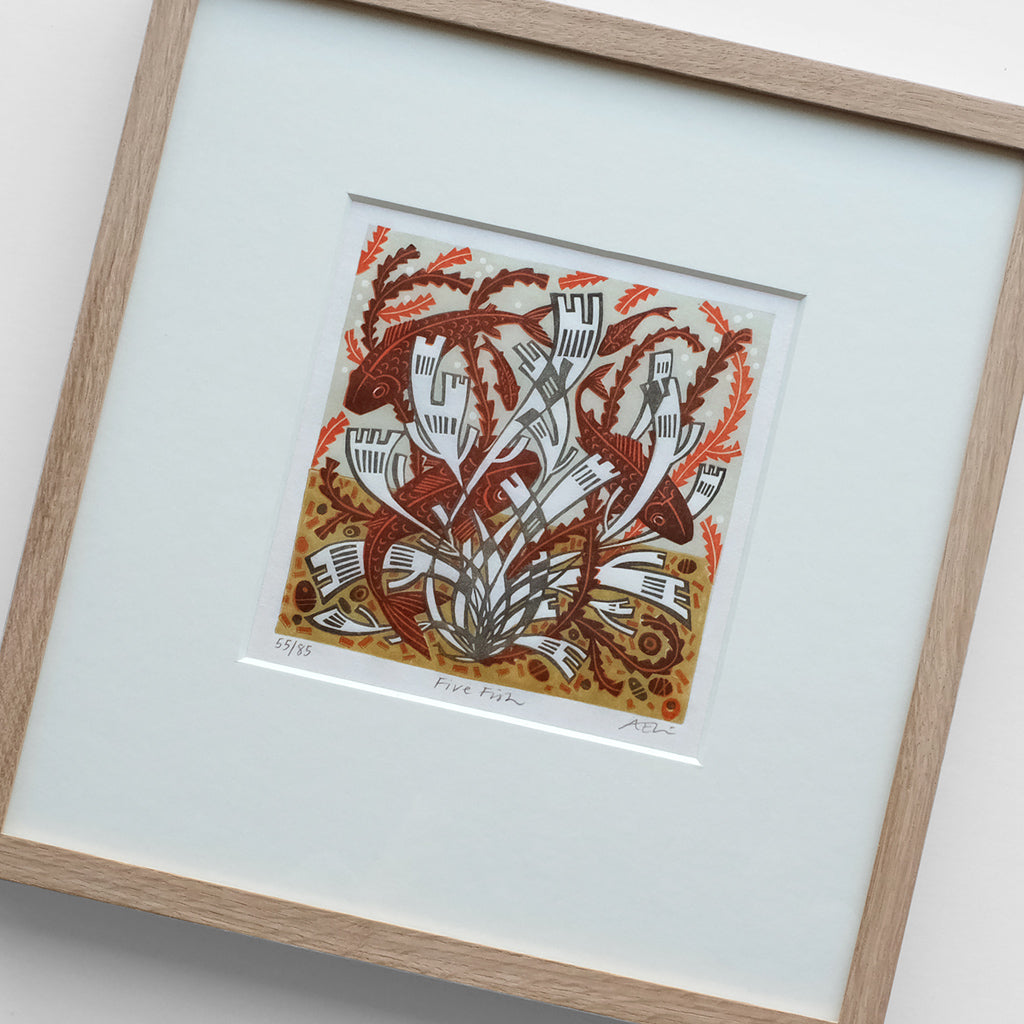 Five Fish - framed - 55/85 - Angie Lewin - printmaker and painter