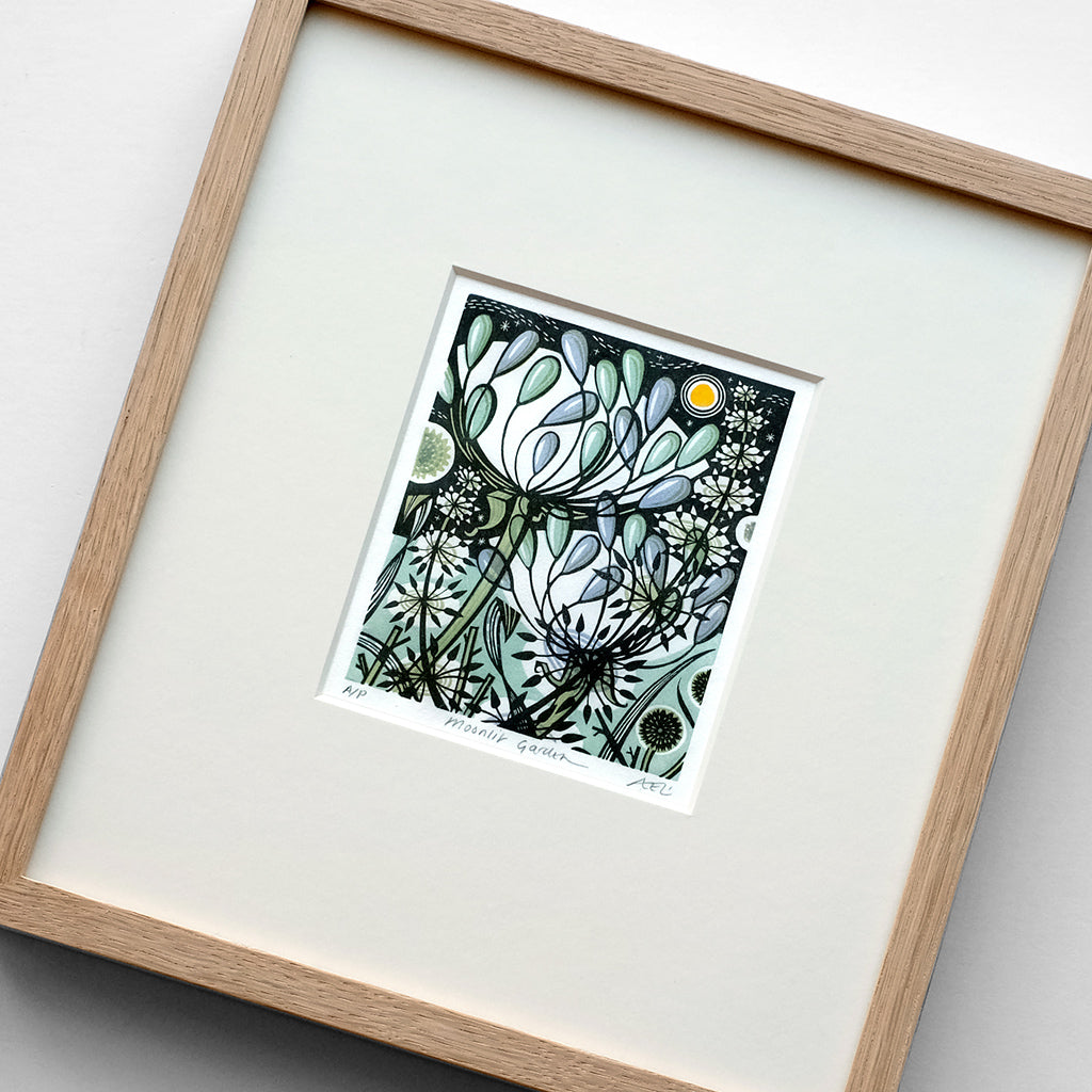 Moonlit Garden - framed - A/P - Angie Lewin - printmaker and painter