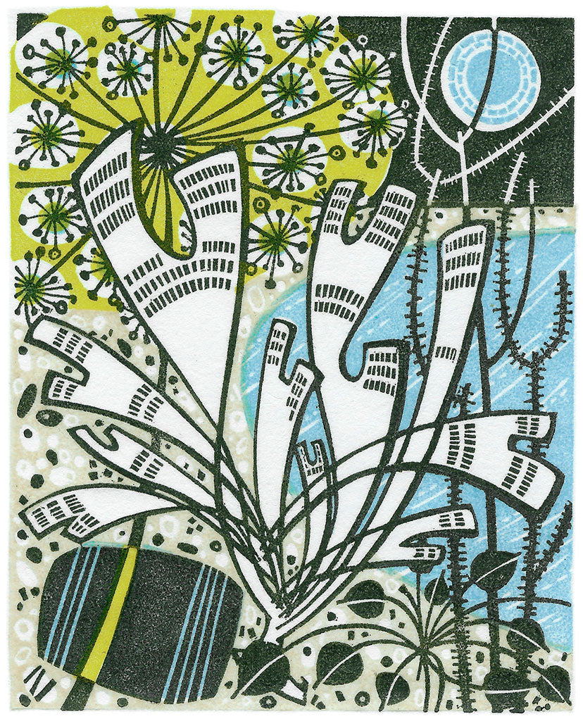 Beach with Alexanders, wood engraving by Angie Lewin