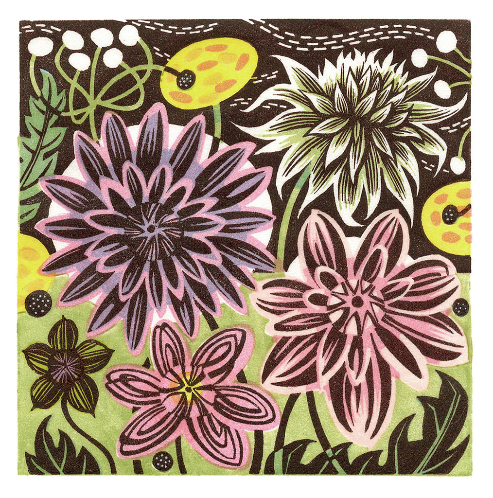 Dahlias and Anemones, wood engraving by Angie Lewin