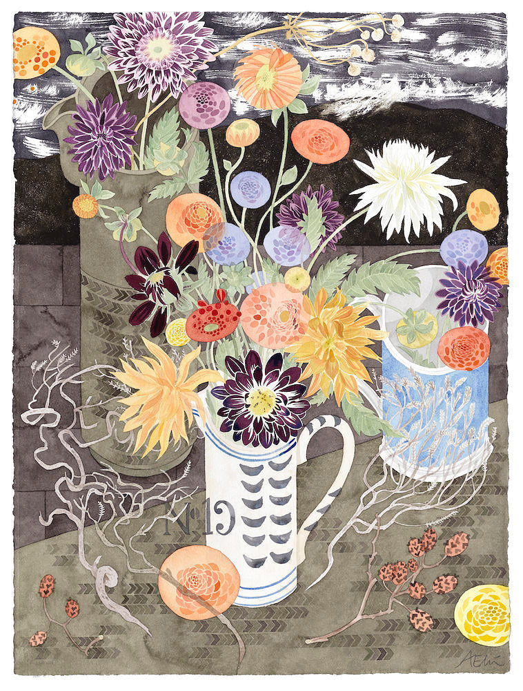 Dahlias with No. 19 Jug - Angie Lewin - printmaker and painter