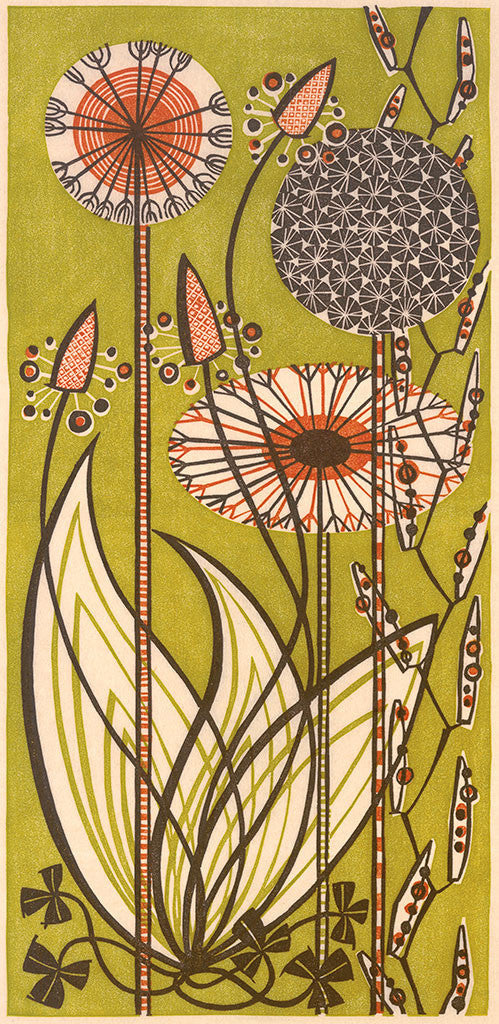 Dandelions, linocut by Angie Lewin