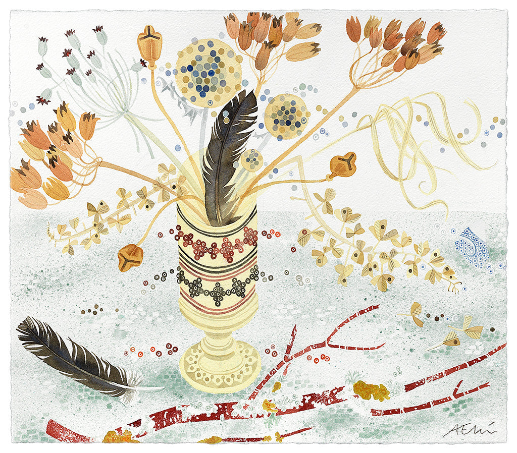 Dice Cup, Dark Feathers and Dogwood - Angie Lewin - printmaker and painter