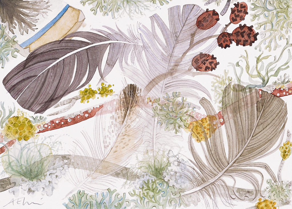 Feathers and Lichen with Mochaware Shard - Angie Lewin - printmaker and painter
