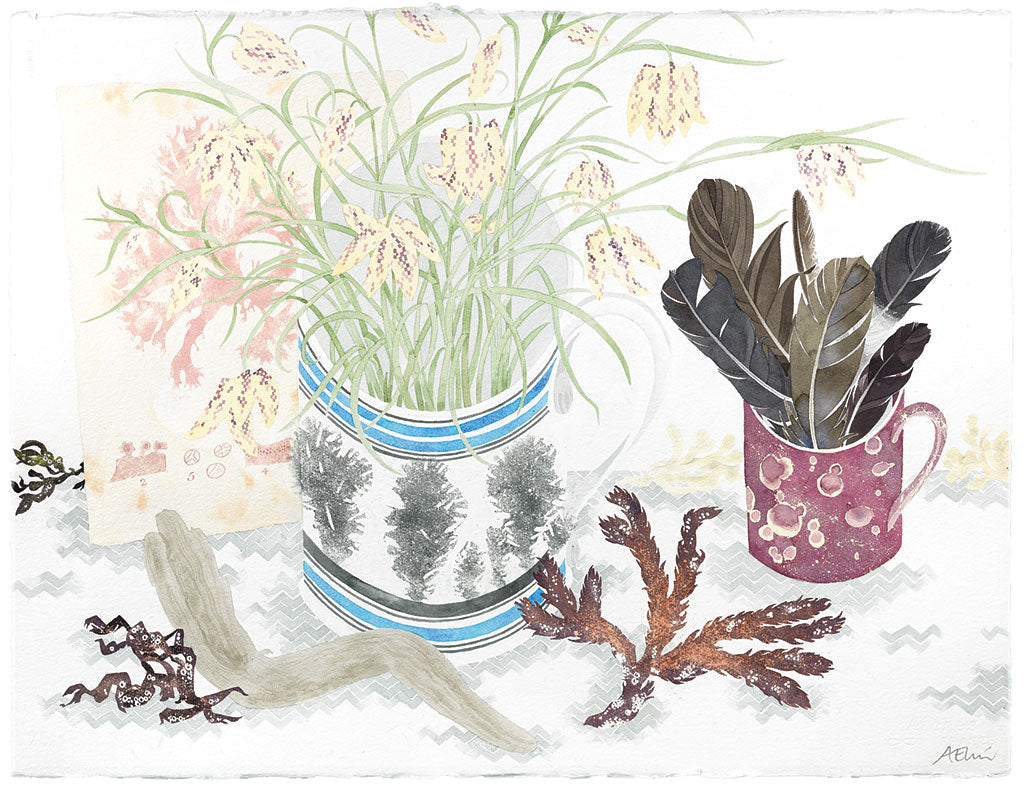 Fritillaries and Feathers - Angie Lewin - printmaker and painter