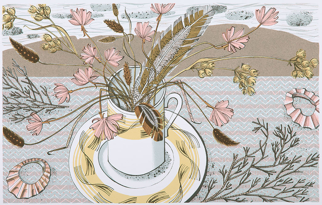 Knockando Thrift and Feathers, screenprint by Angie Lewin