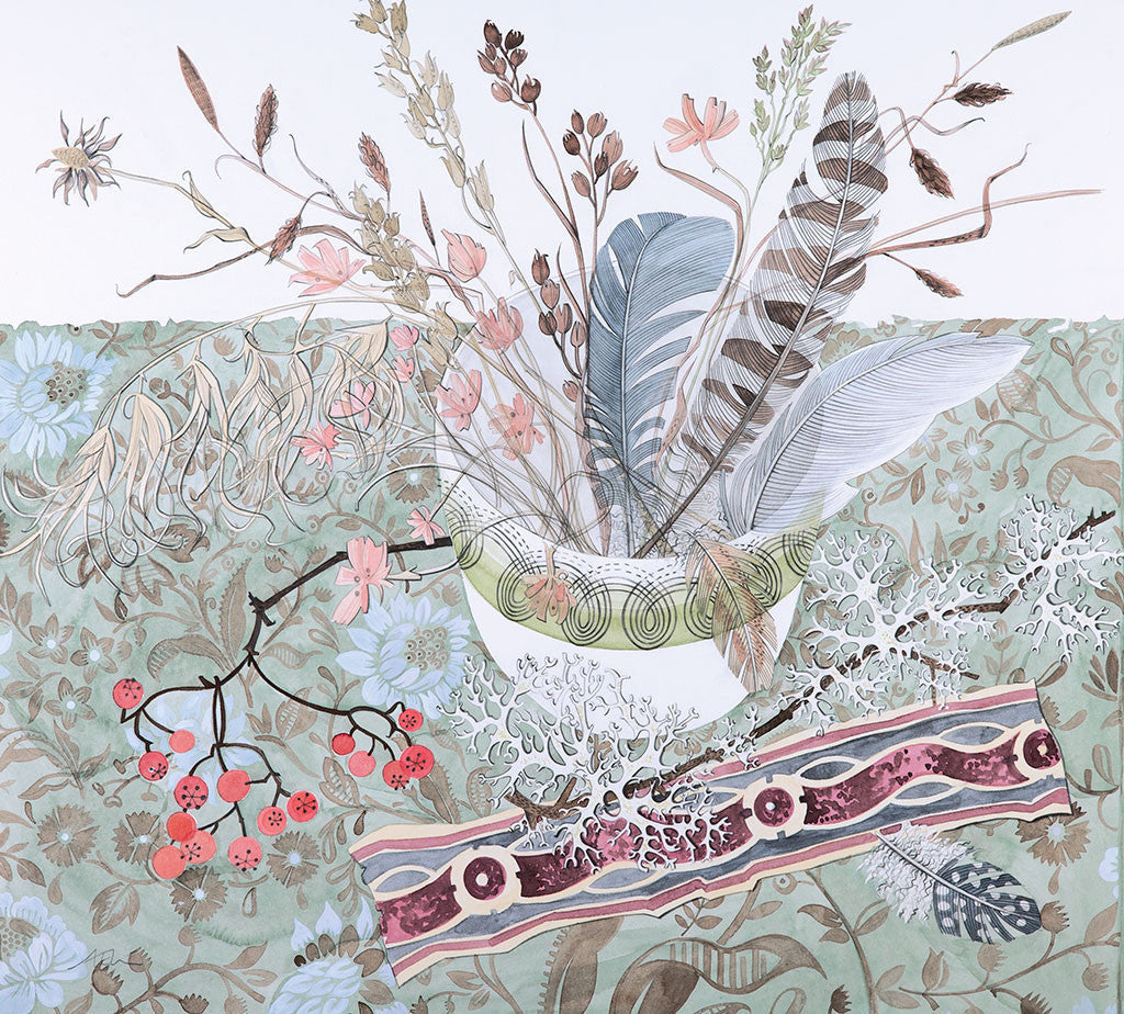 Persephone Bowl with Thrift and Feathers - Angie Lewin - printmaker and painter