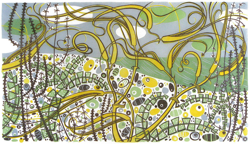 The Beach, Salthouse, linocut by Angie Lewin