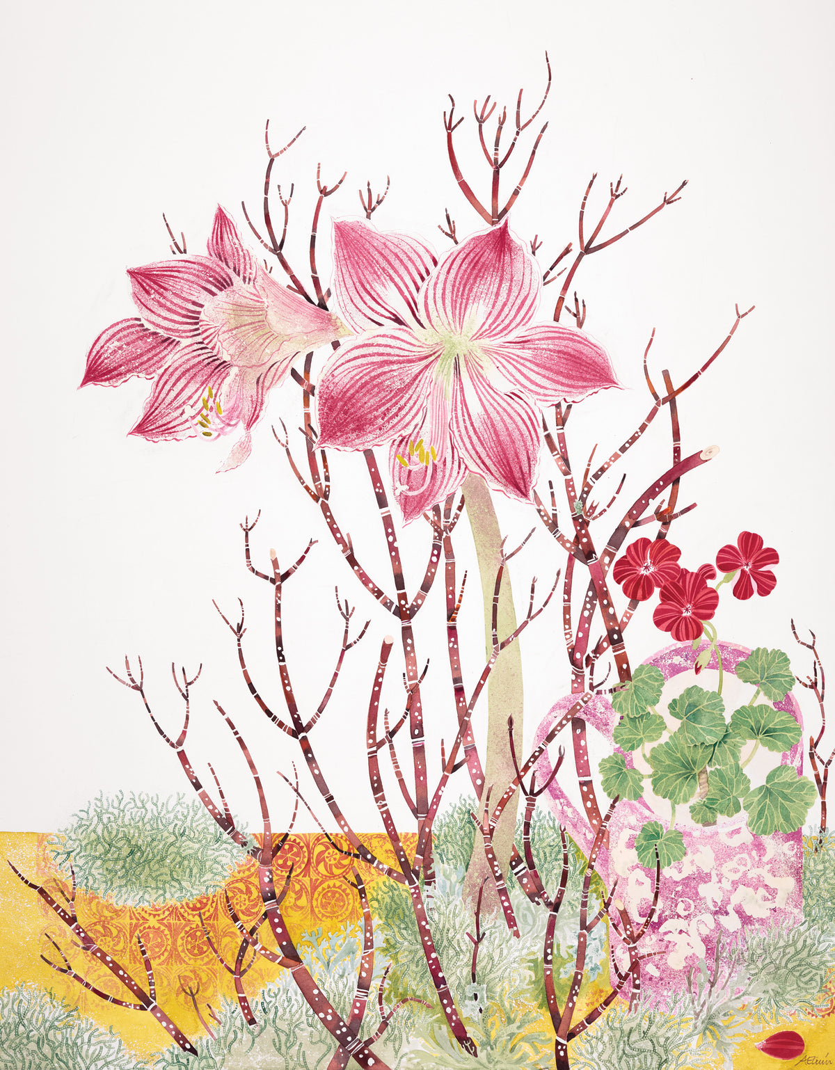 Amaryllis with Dogwood and Lichen – watercolour by Angie Lewin