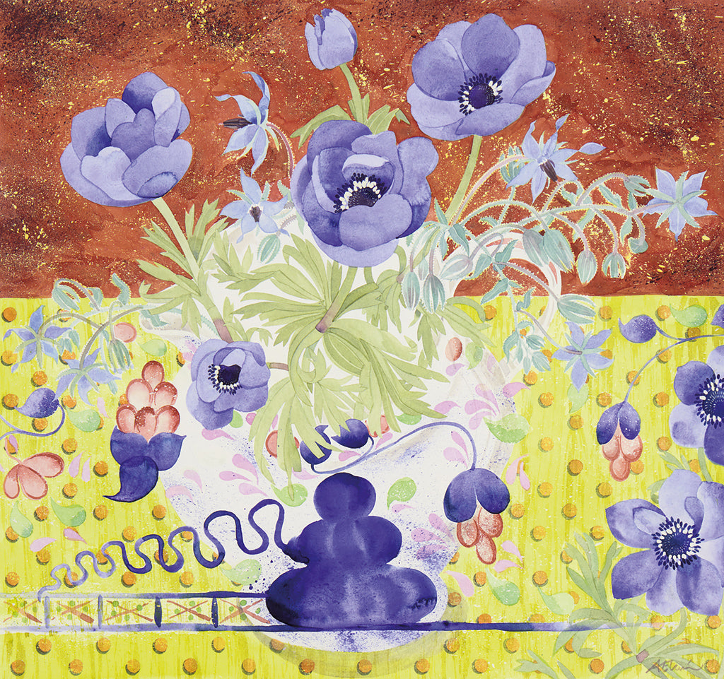 Anemones and Borage in Gaudy Welsh Jug - Angie Lewin - printmaker and painter