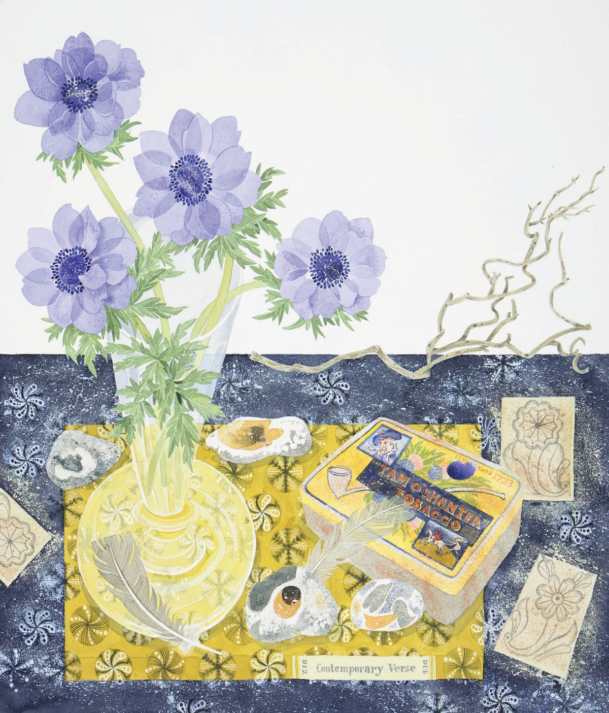 Anemones and Tam O’Shanter Tin – watercolour by Angie Lewin