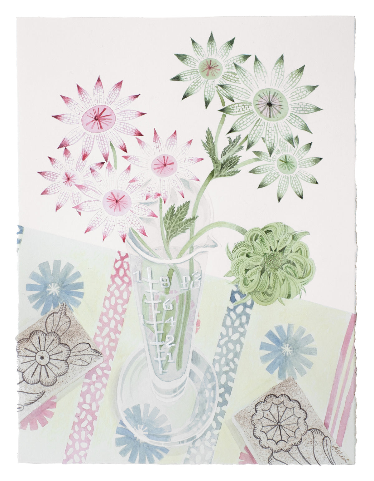 Astrantia and Marigold Seedhead – watercolour by Angie Lewin