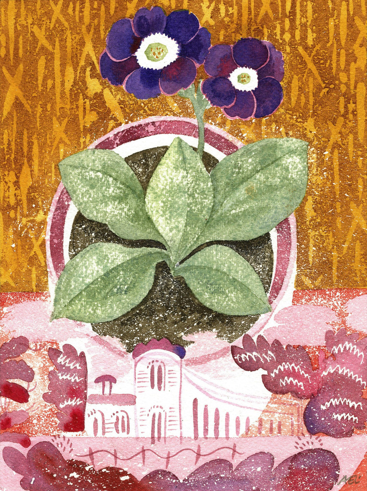 Auricula Faliraki and Lustreware Landscape – watercolour by Angie Lewin