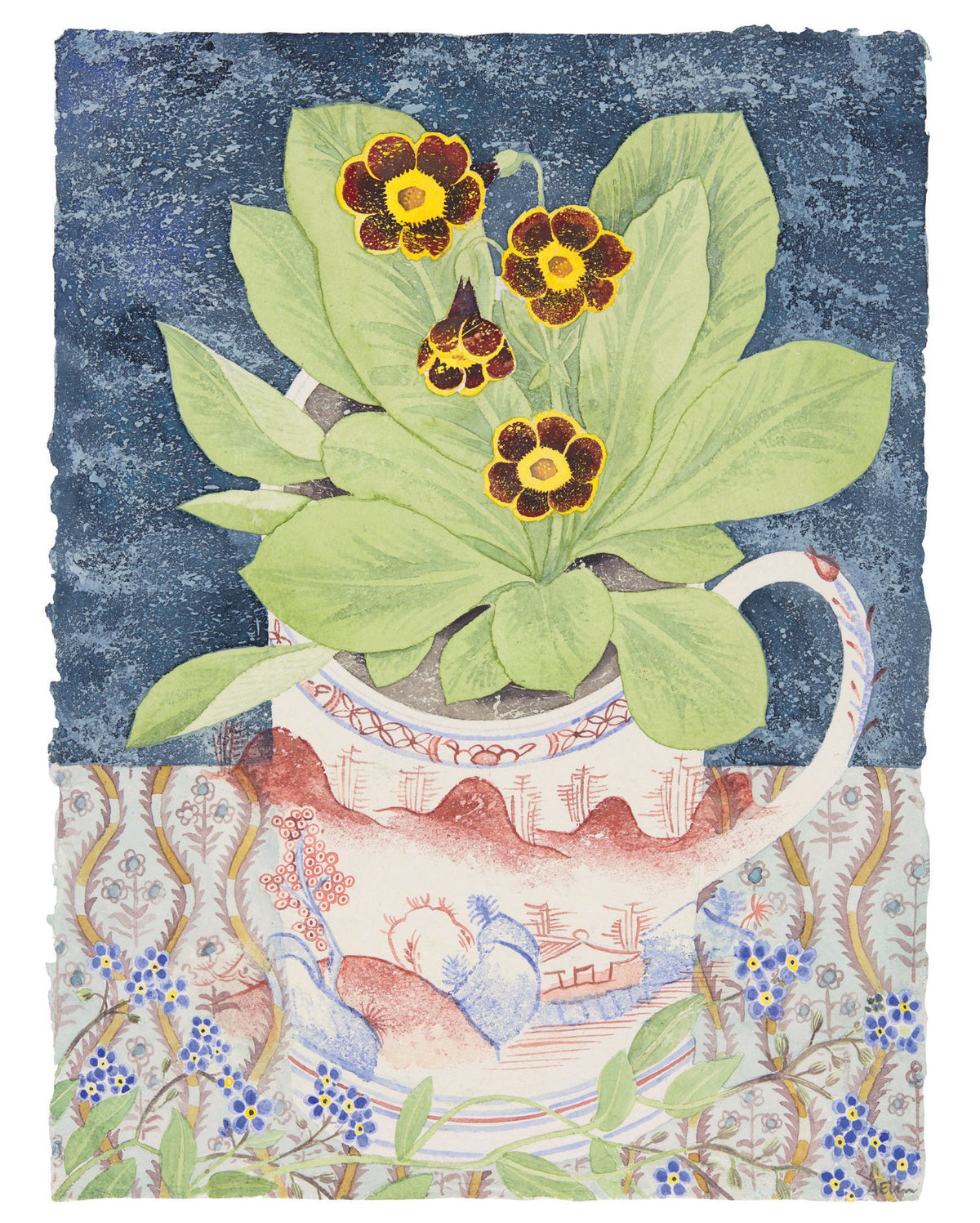 Auricula and Forget-Me-Nots – watercolour by Angie Lewin