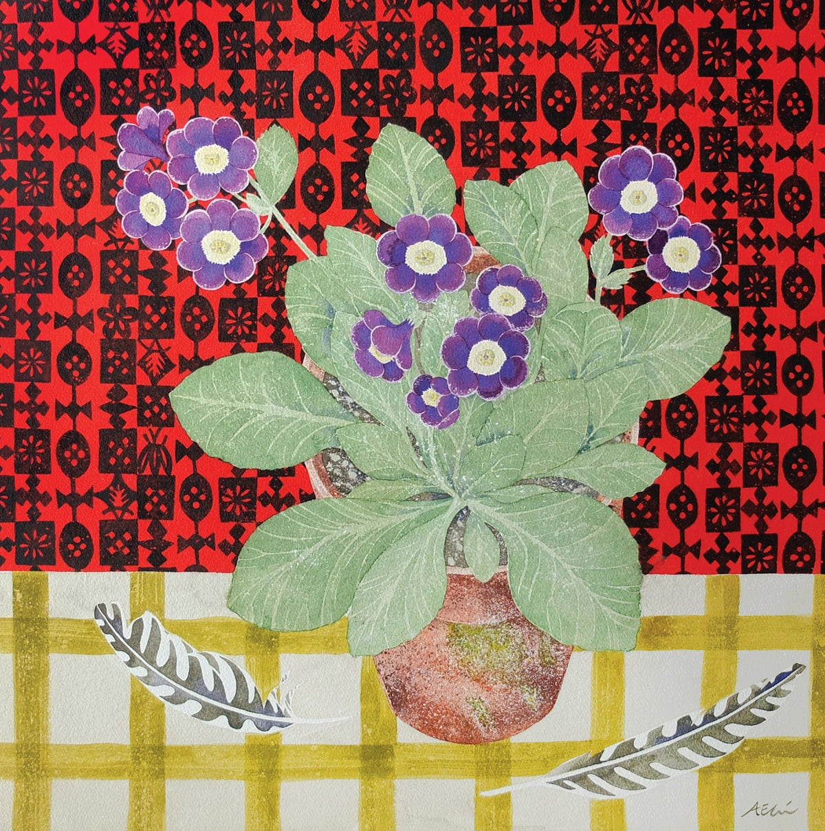 Auricula with Japanese Paper – watercolour by Angie Lewin