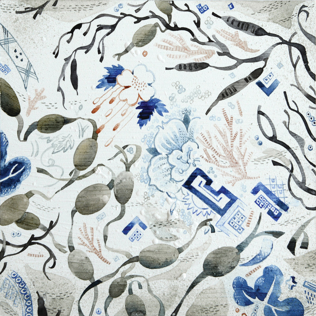 Blue Shards with Seaweed and Coral – watercolour by Angie Lewin