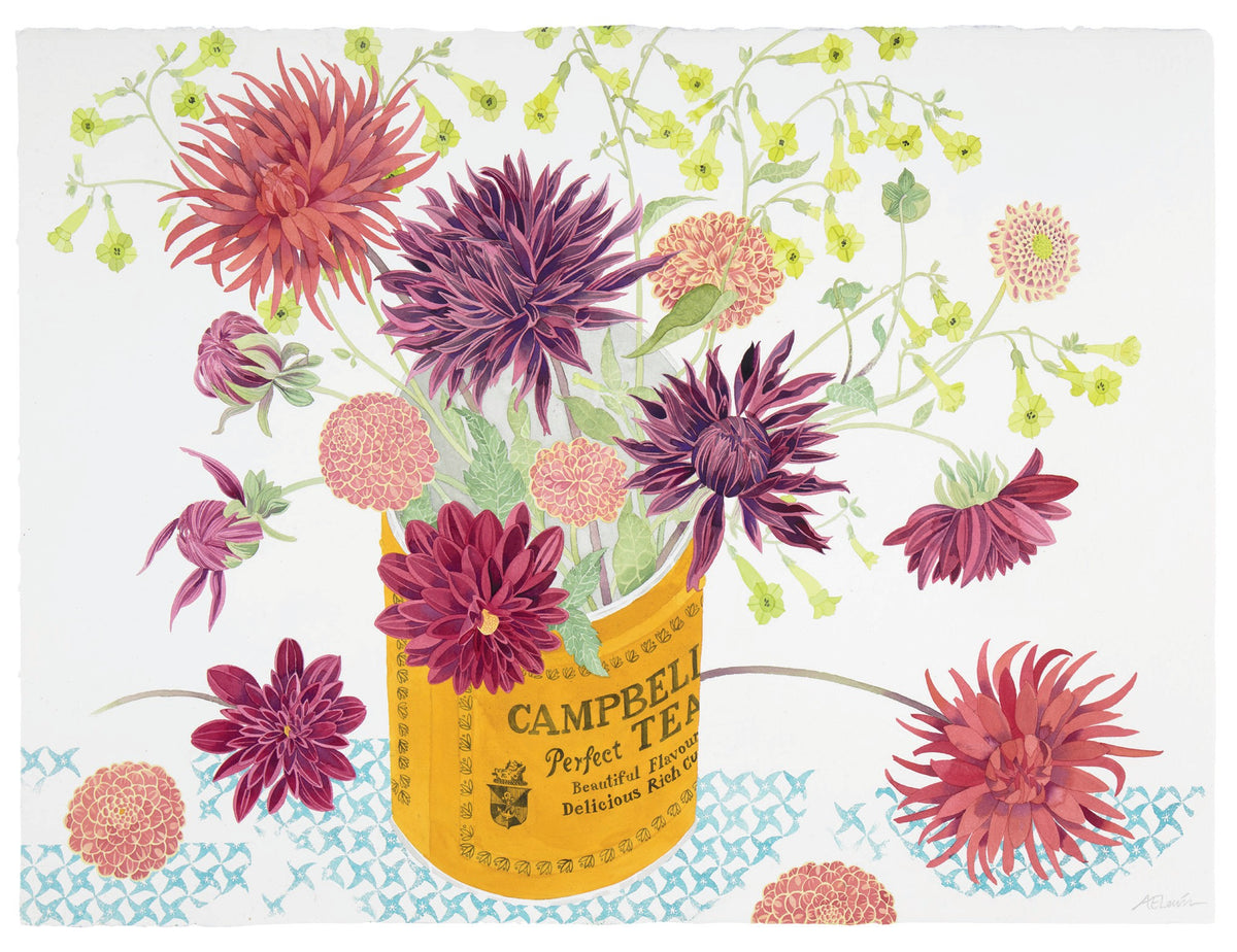 Campbell’s Tea with Dahlias – watercolour by Angie Lewin