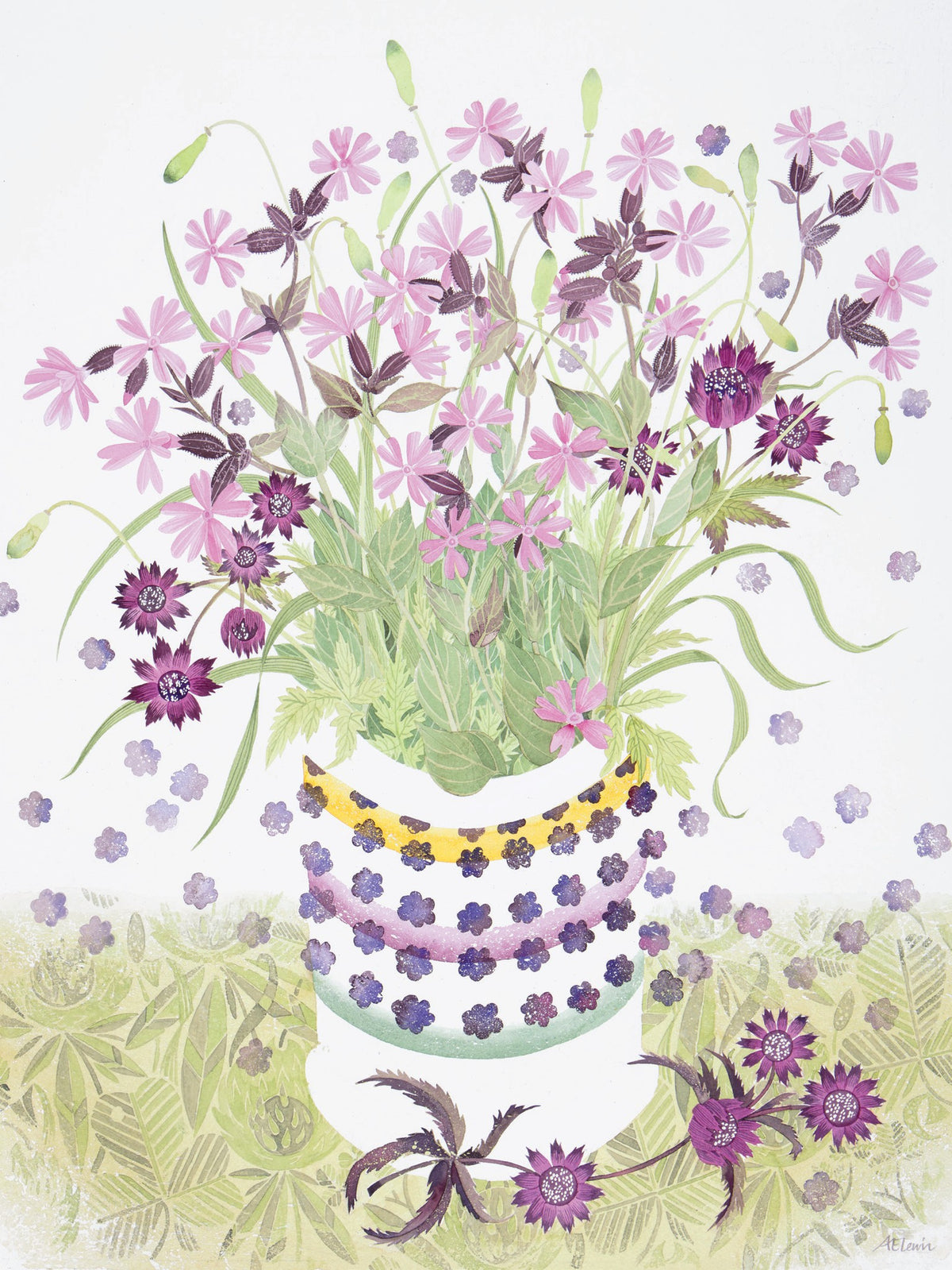 Campion, Astrantia and Clover – watercolour by Angie Lewin