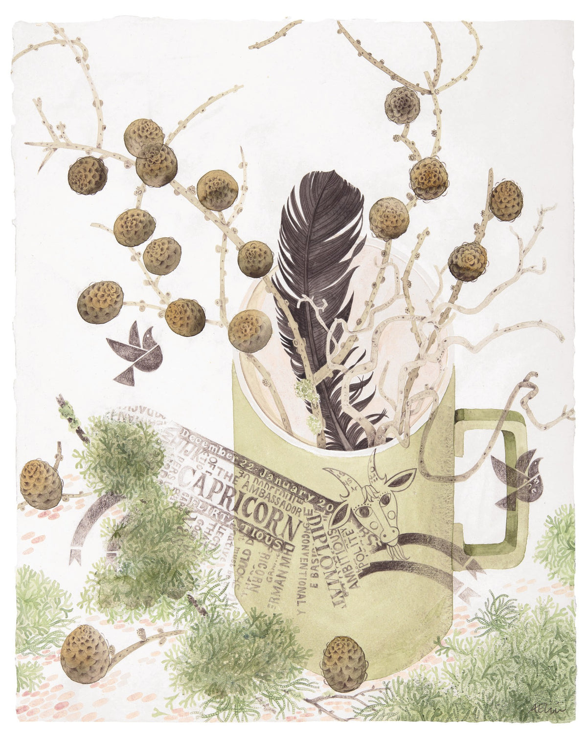Capricorn, Lichen and Larch – watercolour by Angie Lewin