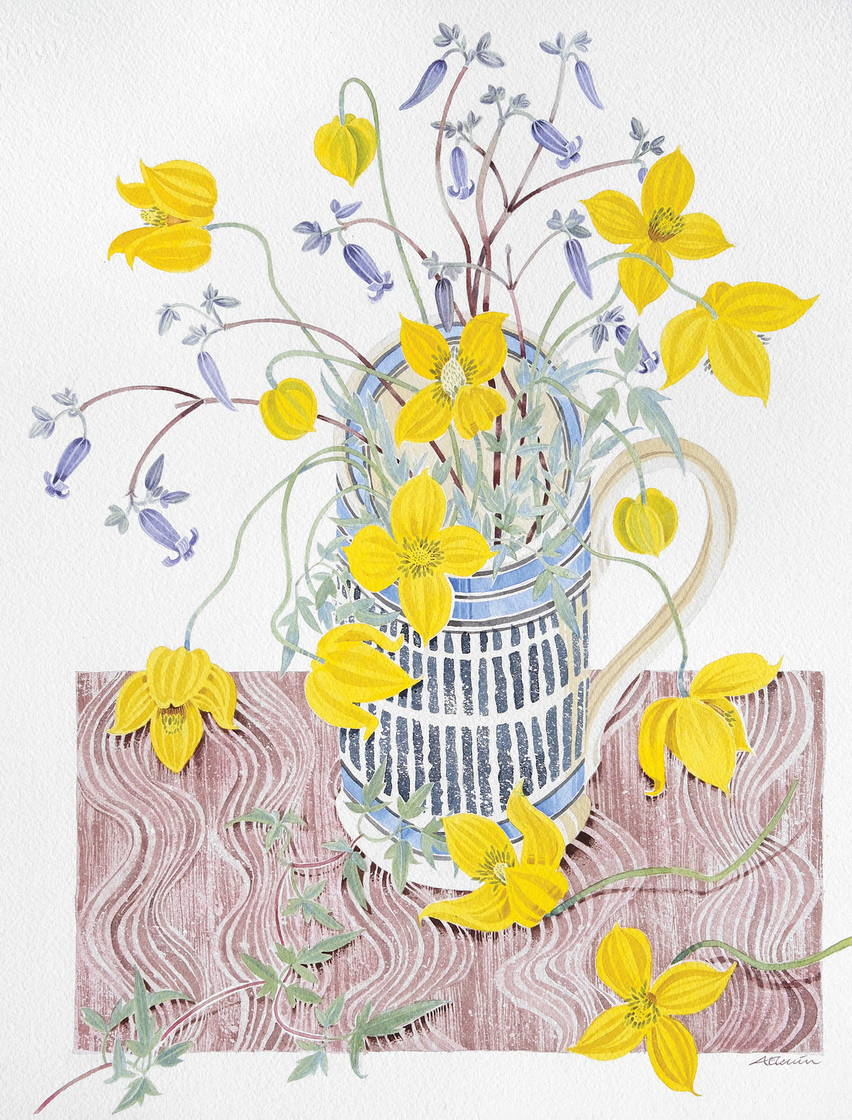 Clematis in Shone Mug – watercolour by Angie Lewin