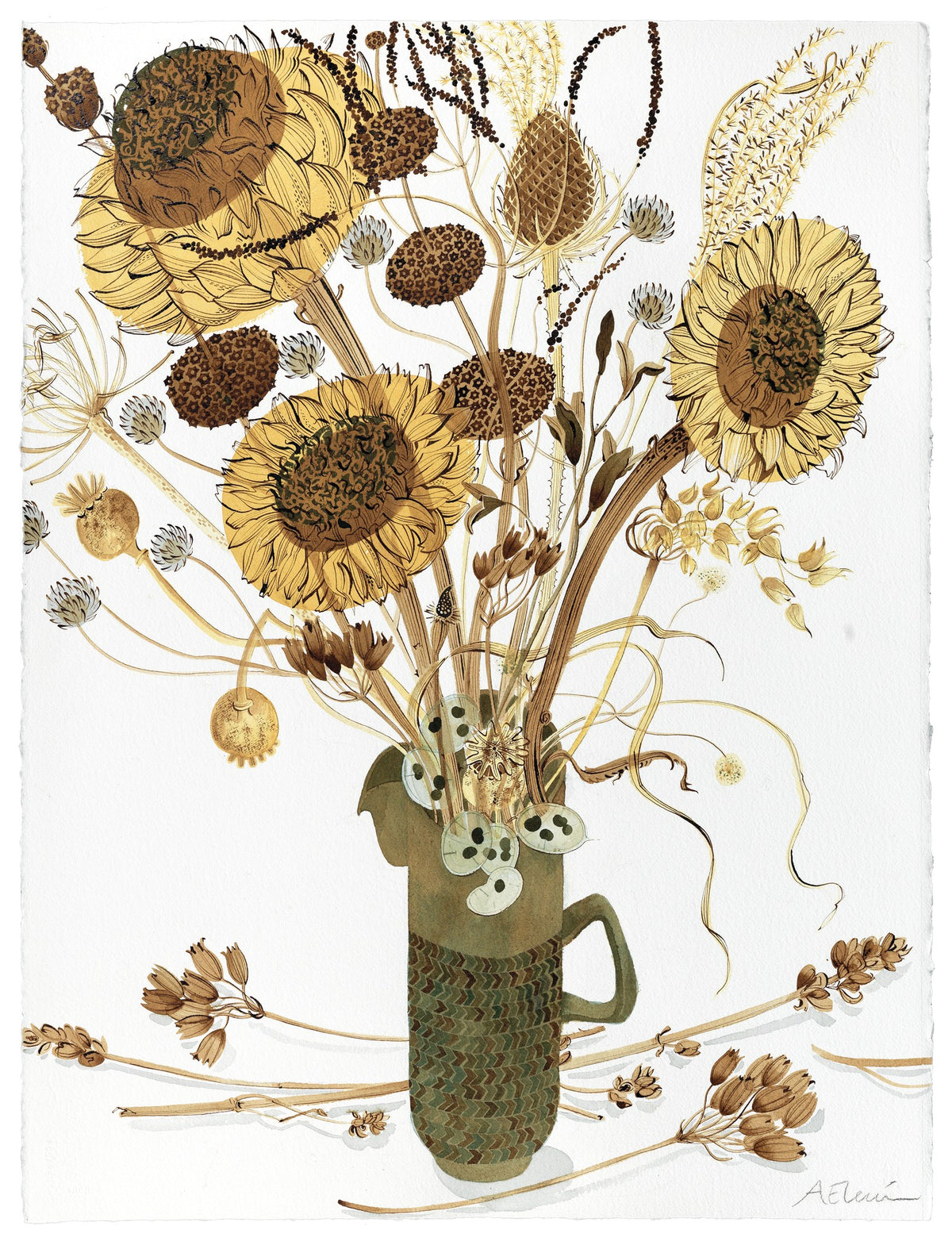 Coffee Pot with Garden Seedheads – watercolour by Angie Lewin