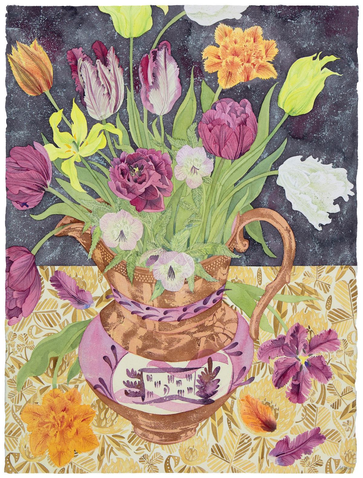 Colin’s Jug with Tulips and Hellebores – watercolour by Angie Lewin