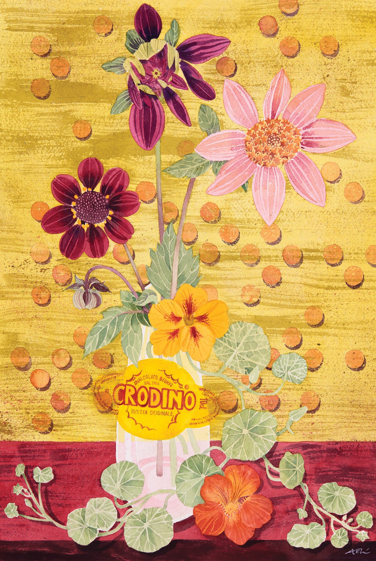 ‘Crodino’, Dahlias and Nasturtiums – watercolour by Angie Lewin