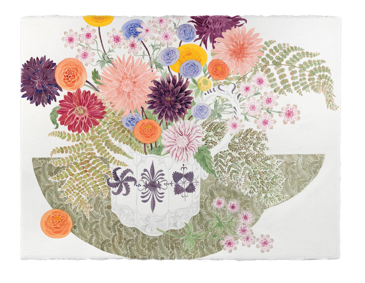Dahlias, Astrantia and Fern – watercolour by Angie Lewin