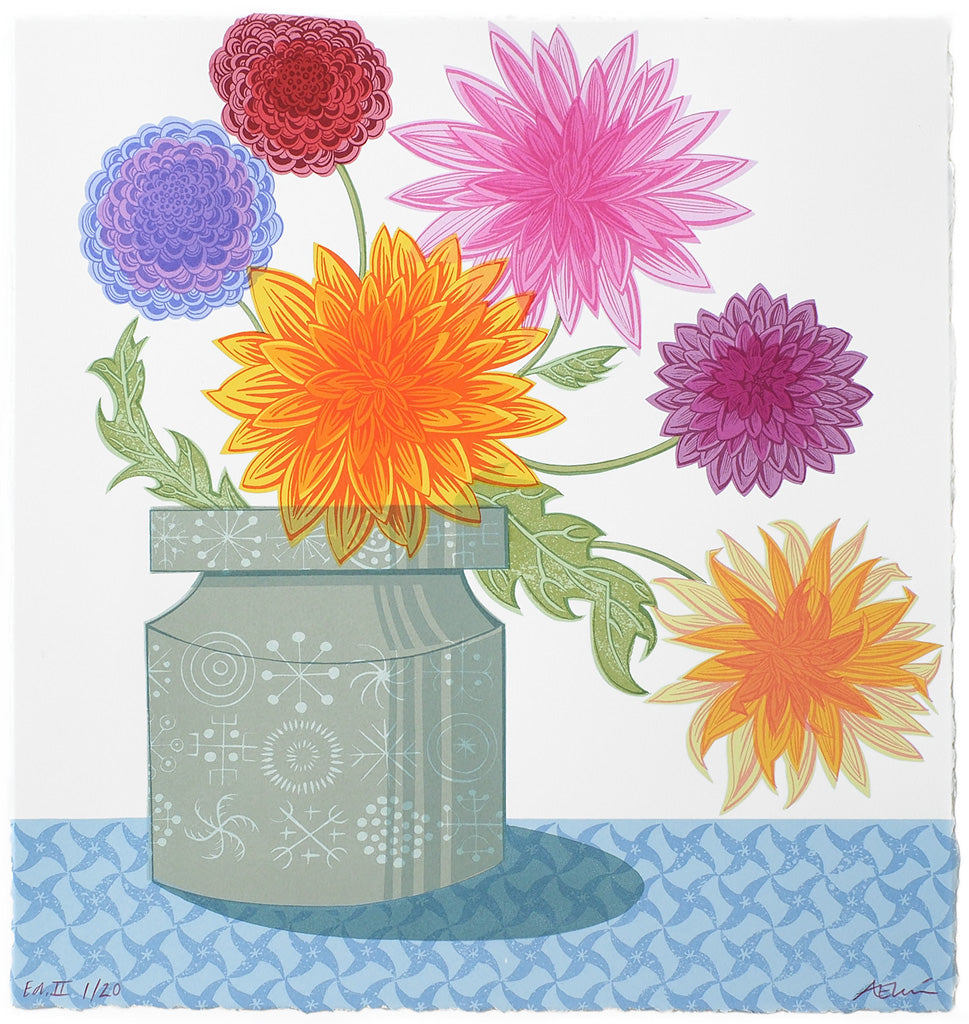Dahlias and Totem - Angie Lewin - printmaker and painter