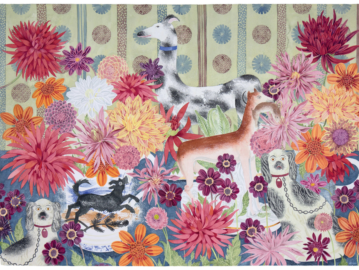 Dahlias and Dogs – watercolour by Angie Lewin