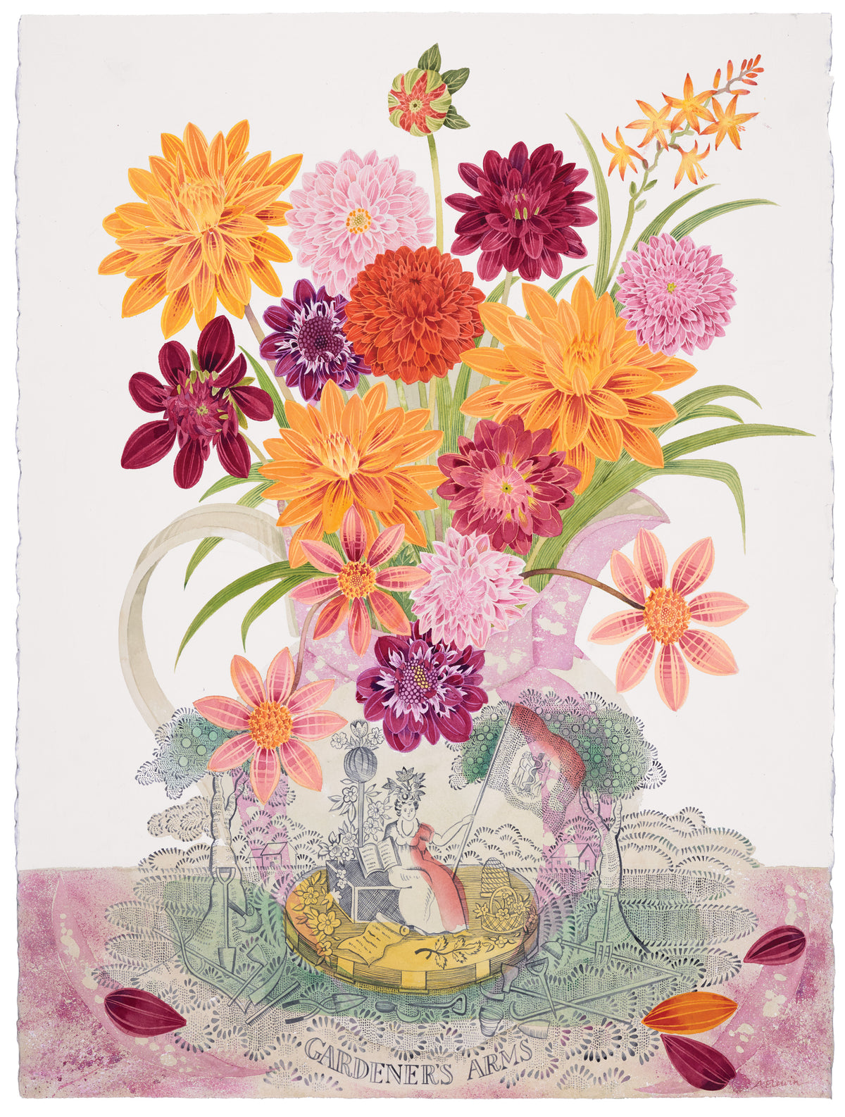 Dahlias and Gardener’s Arms – watercolour by Angie Lewin