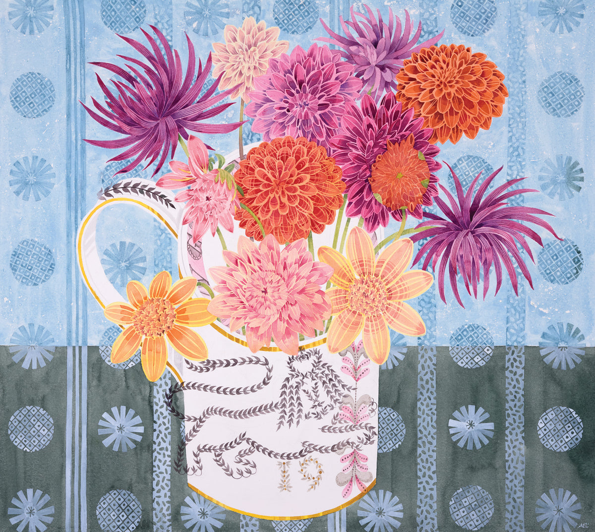 Dahlias and Guyatt Mug – watercolour by Angie Lewin